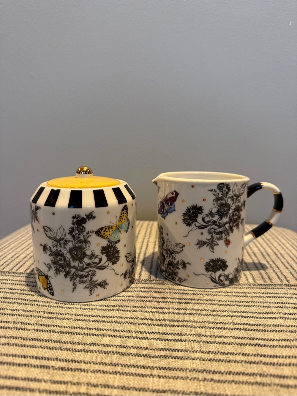 Mackenzie-Childs Butterfly Toile creamer and sugar set. New in box.